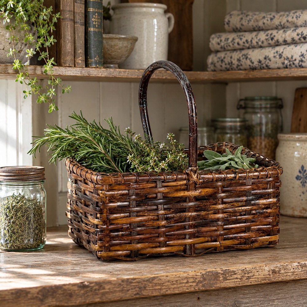 Vintage Rectangular Wicker Gathering Basket with Handle, Brown Cottage Kitchen